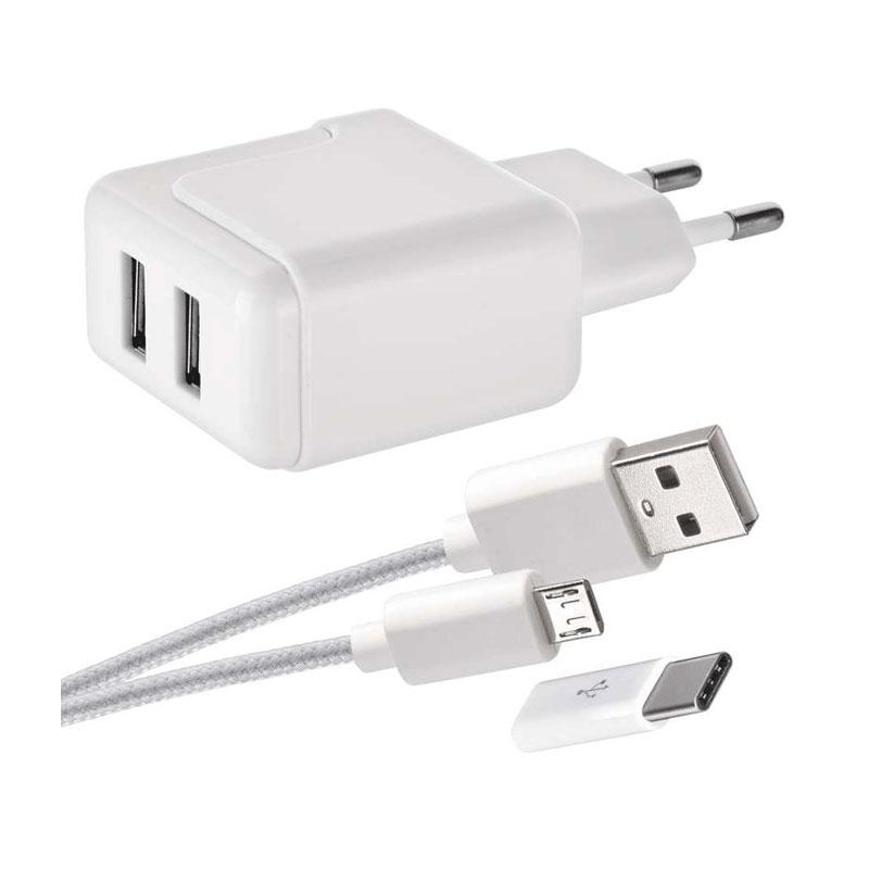 Duální USB adaptér 3.1A, micro USB kabel a redukce USB-C