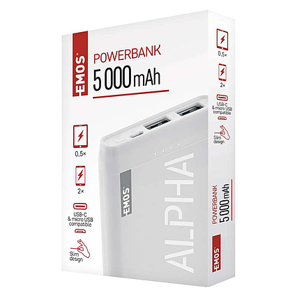 Powerbank EMOS Alpha 5 5000mAh bílý + kabel 2 v 1 USB