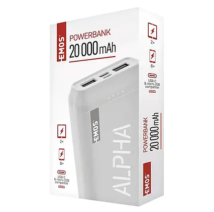 Powerbank EMOS Alpha 20 20000mAh biely + kabel 2 v 1 USB