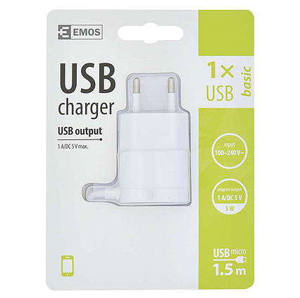 Univerzálny USB adaptér EMOS BASIC do siete 1A (5W) max., káblový