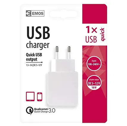 Univerzální USB adaptér EMOS QUICK do sítě 2,4A (18W) max.
