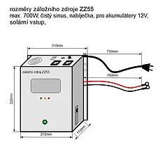 Záložní zdroj ZZ55 12V 230V 700W sinusový závěsný + 30A MPPT (50V)